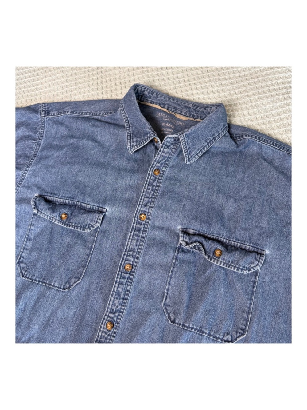 Vintage Denim Shirt Short Sleeve Mens 2XL Faded Glory Blue 90s Y2K Minimalist
